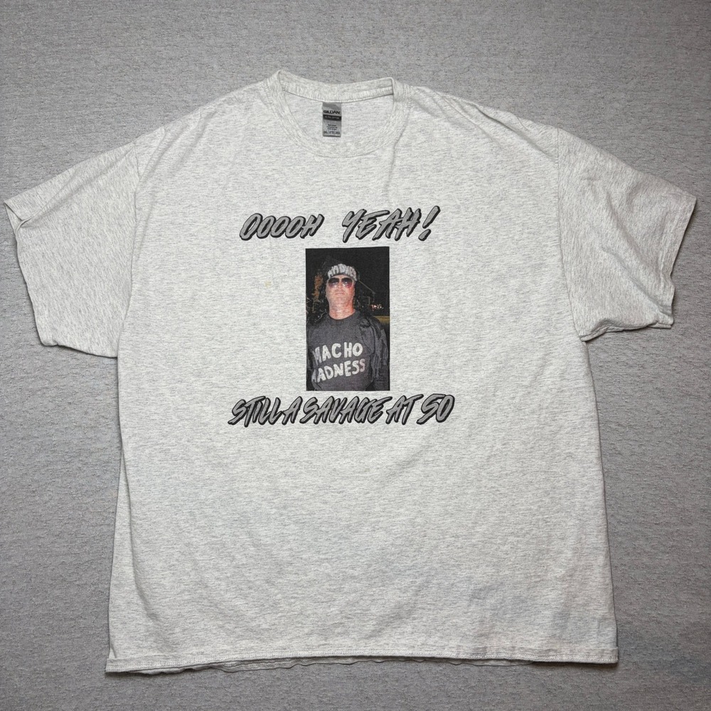 Gildan Mens T-Shirt 2XL Gray Macho Man Randy Savage Still A Savage At 50 Graphic